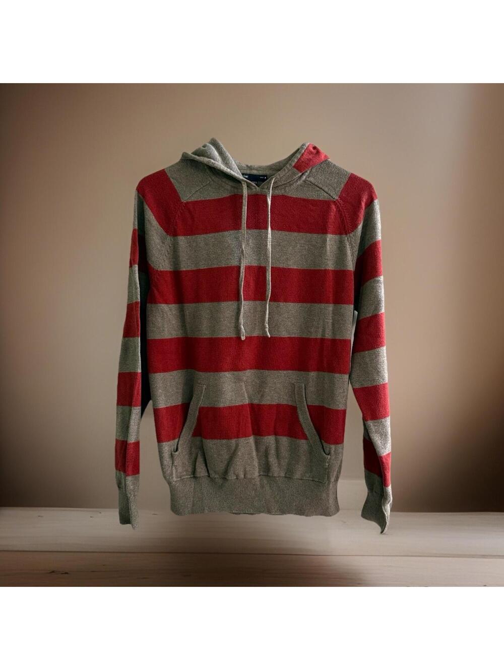 Vintage Gap Striped Hooded Sweater Mens Small Red Gray Cotton Knit Pullover